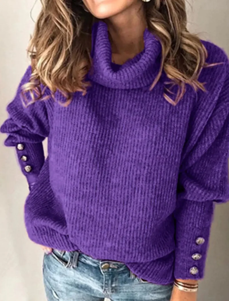 Damen Oversize-Rollkragenpullover mit Strukturstrick und Zierknöpfen Nord Taschen
