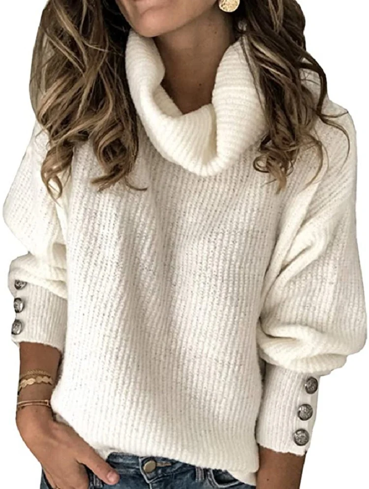 Damen Oversize-Rollkragenpullover mit Rippstruktur und Zierknopfleiste Nord Taschen
