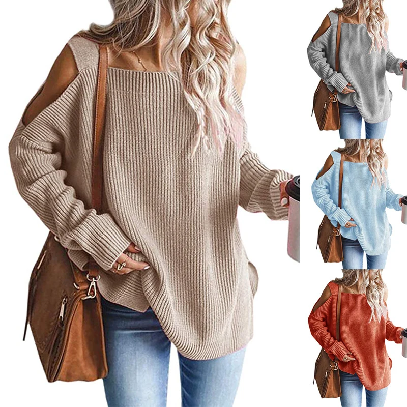 Damen Oversize-Rippstrickpullover mit Schulter-Cut-outs und weitem U-Boot-Ausschnitt Nord Taschen
