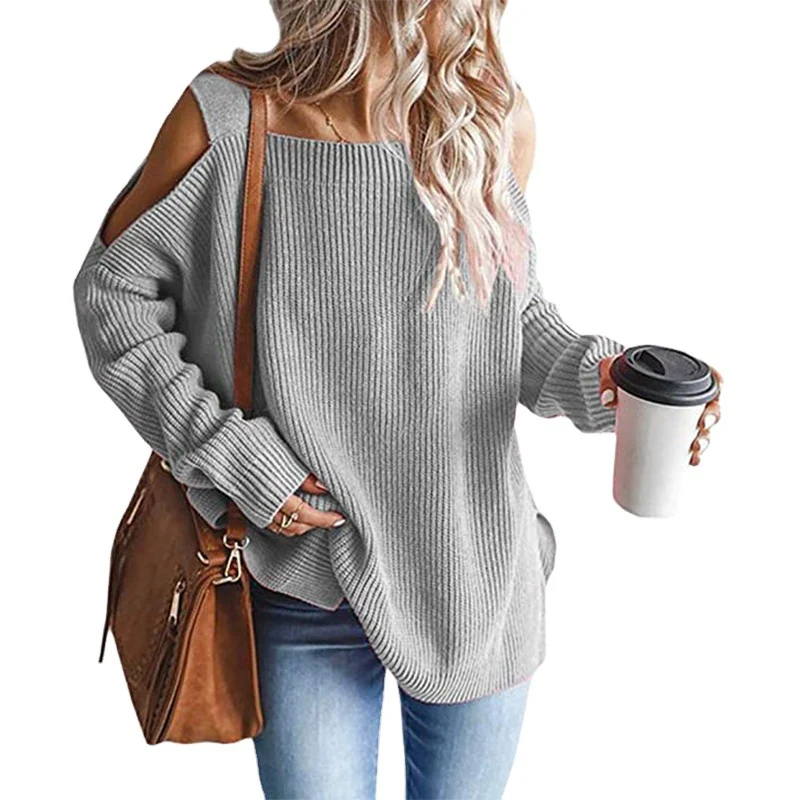 Damen Oversize-Rippstrickpullover mit Schulter-Cut-outs und weitem U-Boot-Ausschnitt Nord Taschen