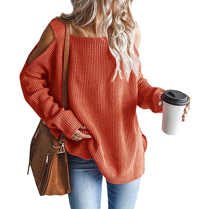 Damen Oversize-Rippstrickpullover mit Schulter-Cut-outs und weitem U-Boot-Ausschnitt Nord Taschen