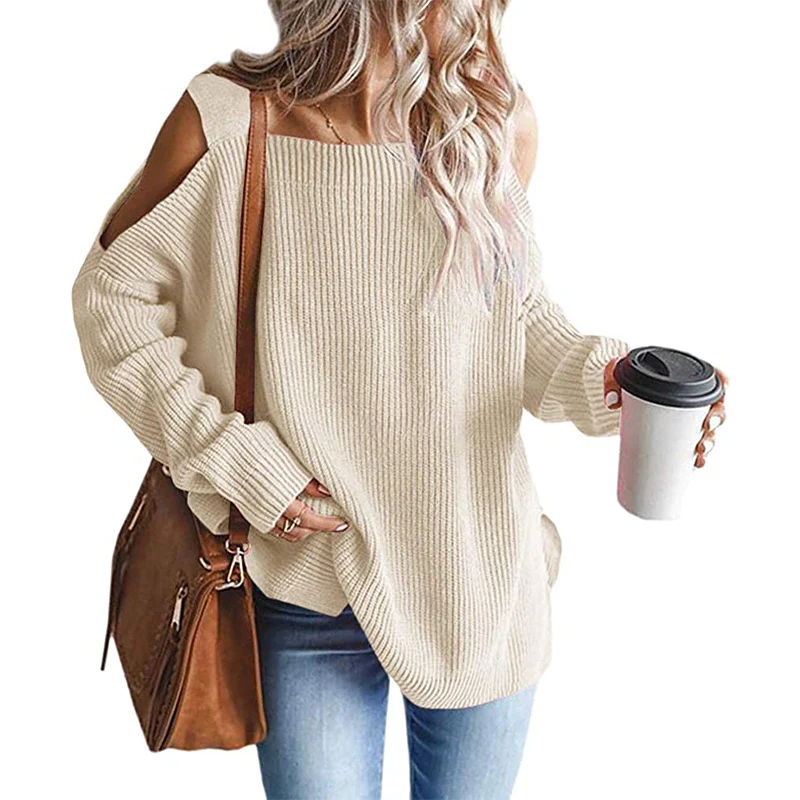 Damen Oversize-Rippstrickpullover mit Schulter-Cut-outs und weitem U-Boot-Ausschnitt Nord Taschen
