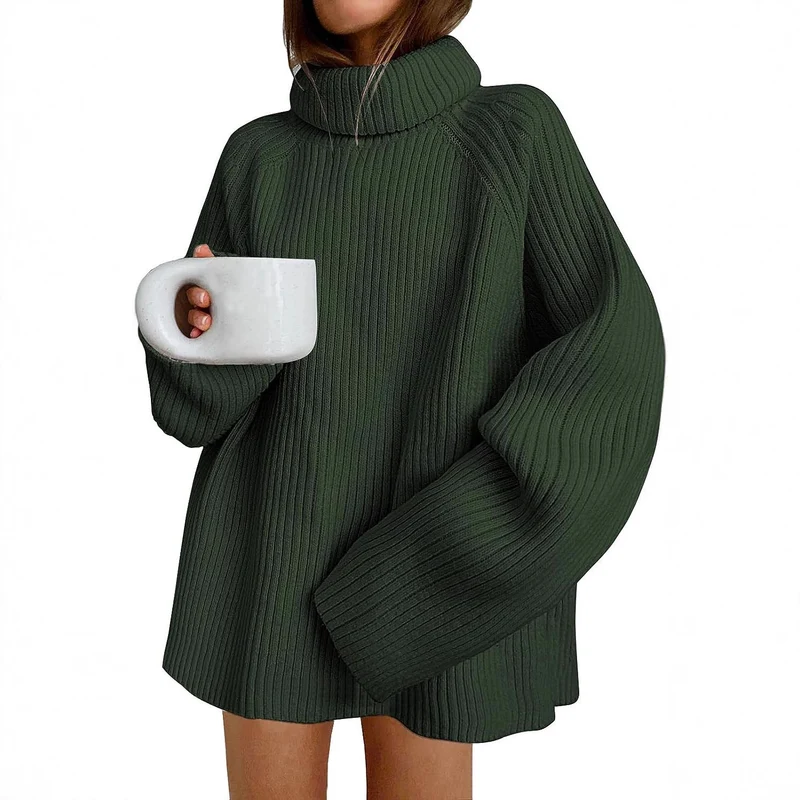 Damen Oversize Pulloverkleid aus Rippstrick mit hohem Rollkragen und voluminösen Ärmeln Nord Taschen