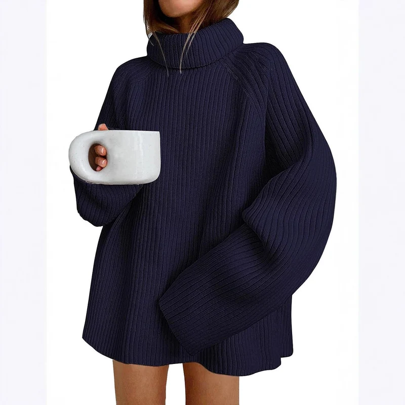 Damen Oversize Pulloverkleid aus Rippstrick mit hohem Rollkragen und voluminösen Ärmeln Nord Taschen