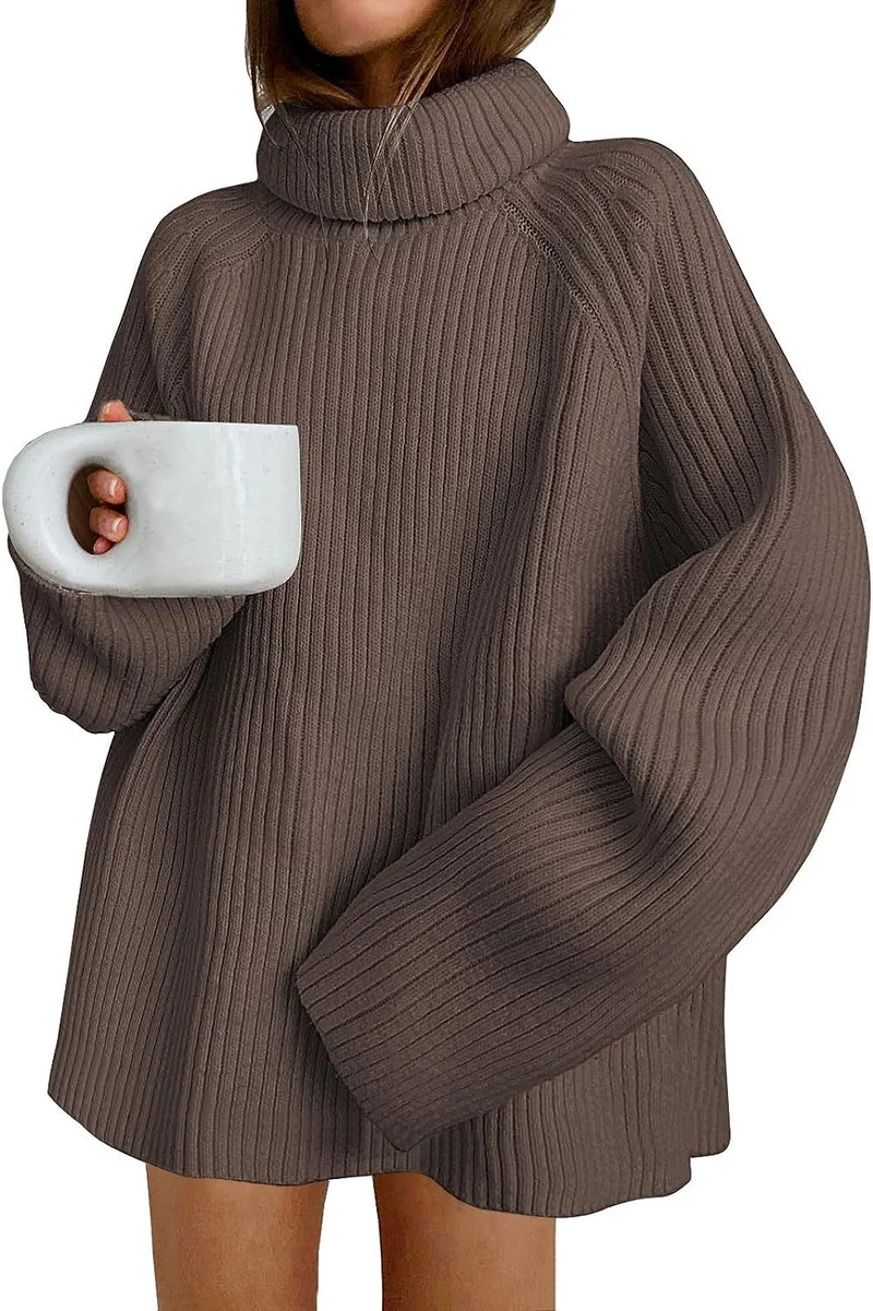 Damen Oversize Pulloverkleid aus Rippstrick mit hohem Rollkragen und voluminösen Ärmeln Nord Taschen