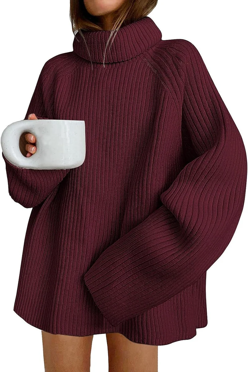 Damen Oversize Pulloverkleid aus Rippstrick mit hohem Rollkragen und voluminösen Ärmeln Nord Taschen