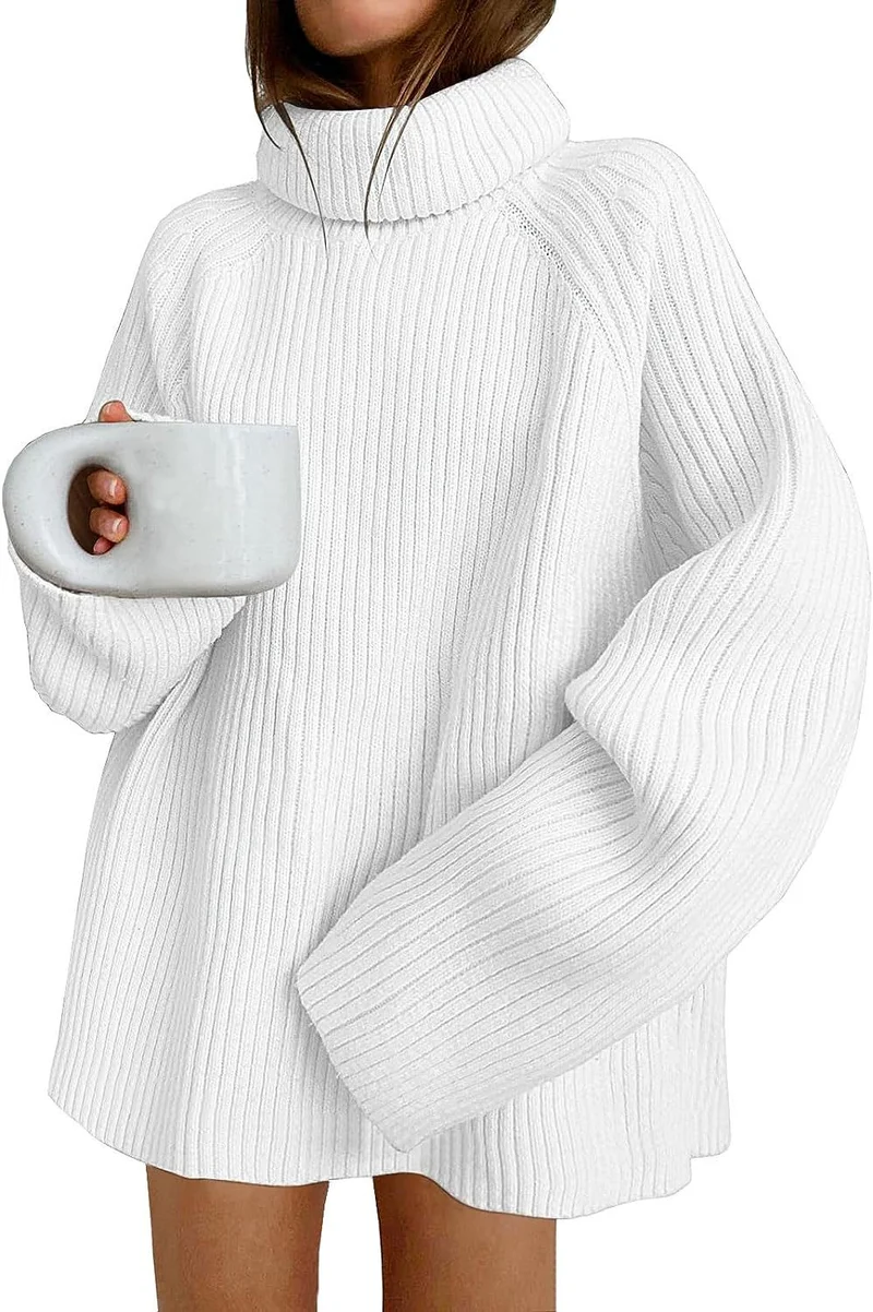 Damen Oversize Pulloverkleid aus Rippstrick mit hohem Rollkragen und voluminösen Ärmeln Nord Taschen