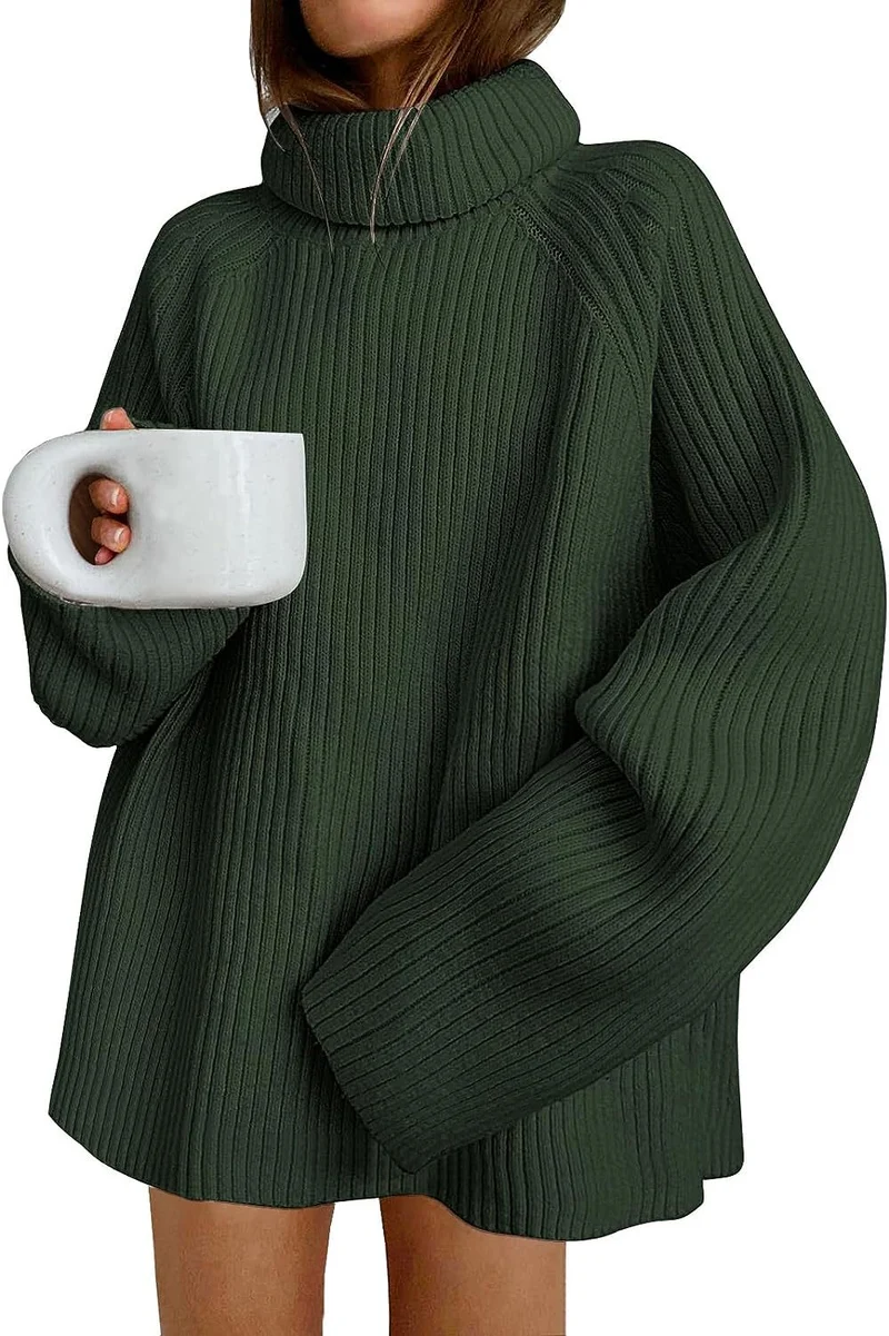 Damen Oversize Pulloverkleid aus Rippstrick mit hohem Rollkragen und voluminösen Ärmeln Nord Taschen