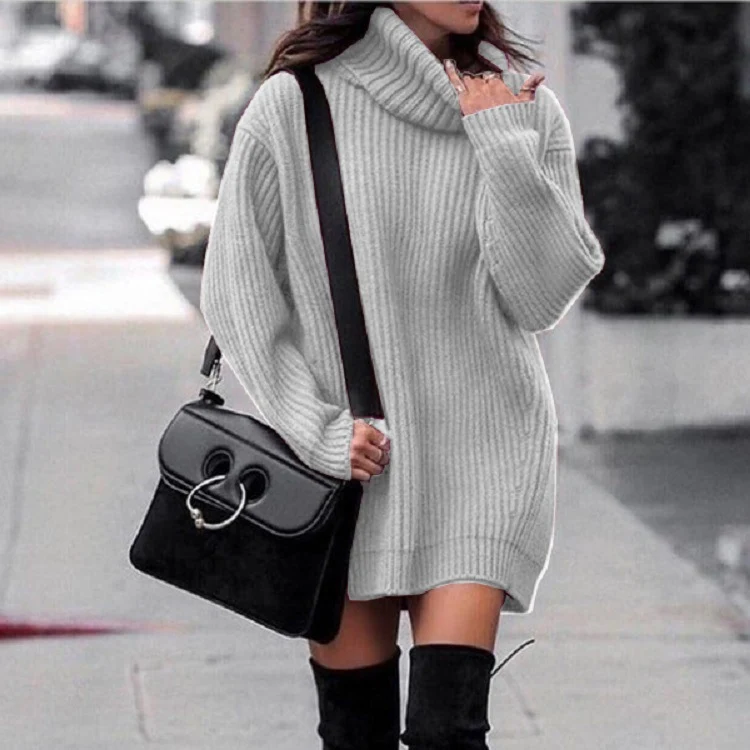 Damen Oversize-Longpullover mit Rollkragen, geripptem Feinstrick und figurumspielender Tunika-Länge Nord Taschen