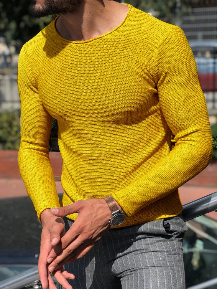 Herren Schmal geschnittener Strukturstrick-Langarmpullover mit Rundhalsausschnitt Nord Taschen