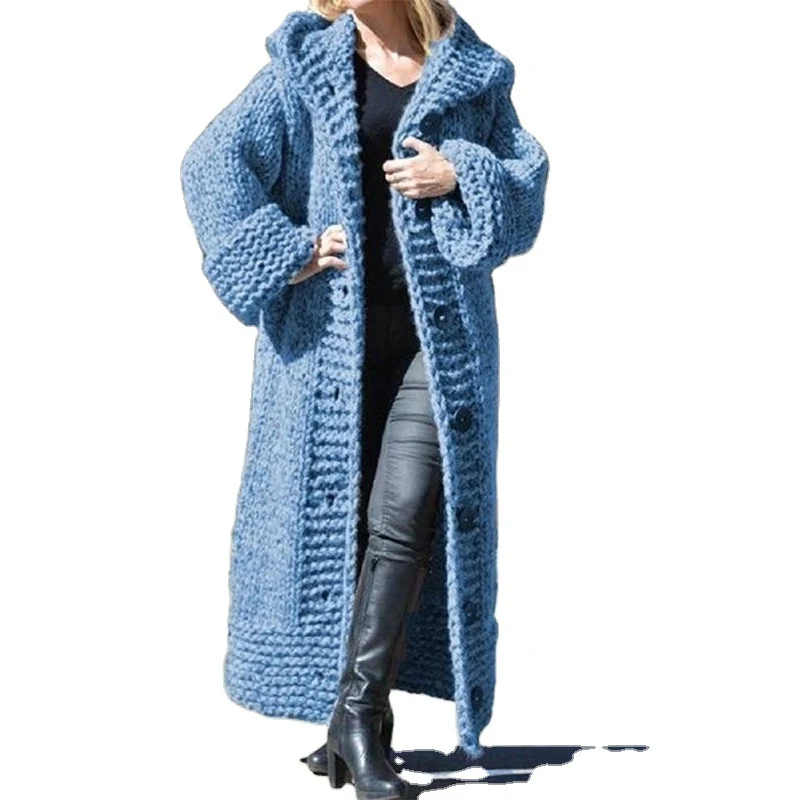 Damen Oversize Grobstrick Maximantel mit Kapuze und Knopfleiste Nord Taschen