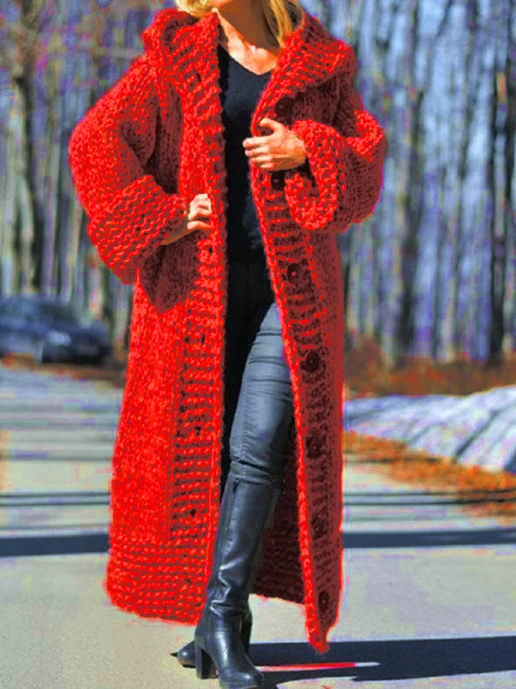 Damen Oversize Grobstrick Maximantel mit Kapuze und Knopfleiste Nord Taschen