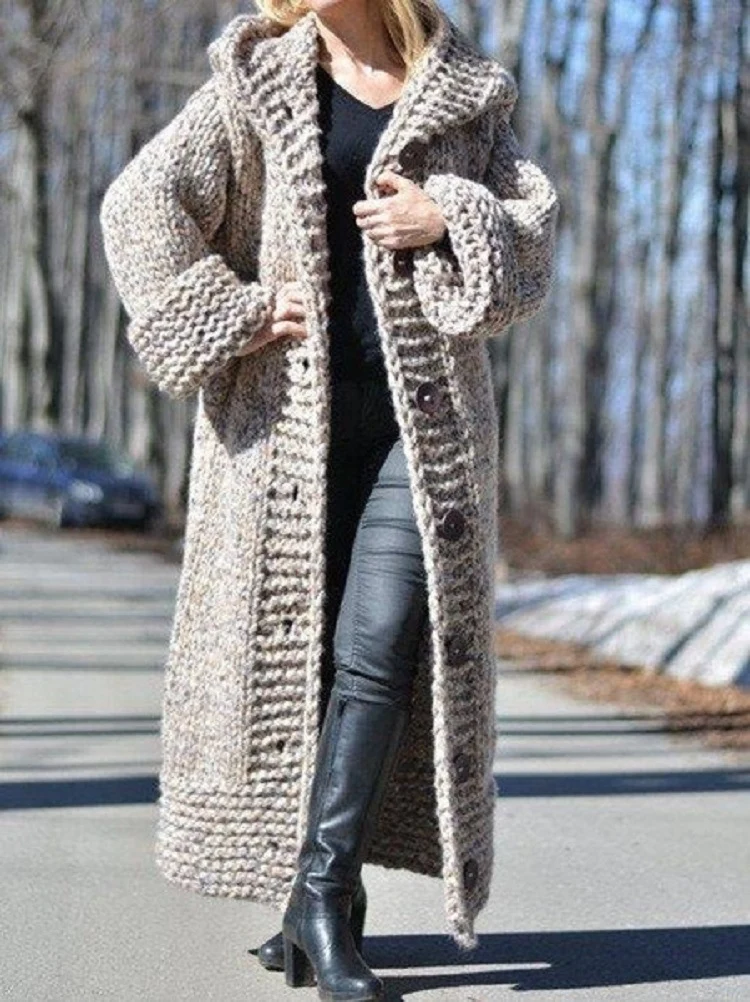 Damen Oversize Grobstrick Maximantel mit Kapuze und Knopfleiste Nord Taschen