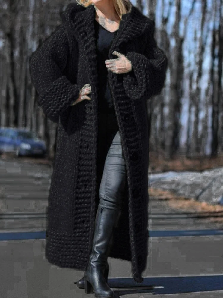 Damen Oversize Grobstrick Maximantel mit Kapuze und Knopfleiste Nord Taschen