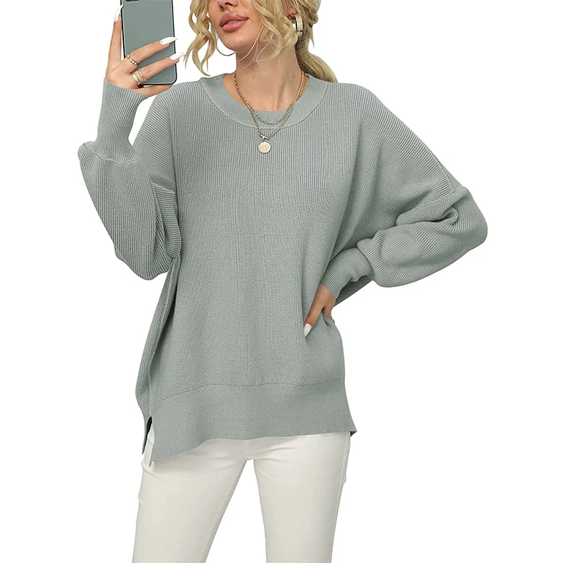 Damen Oversize-Feinstrickpullover mit Rundhalsausschnitt, überschnittener Schulter und Seitenschlitzen Nord Taschen