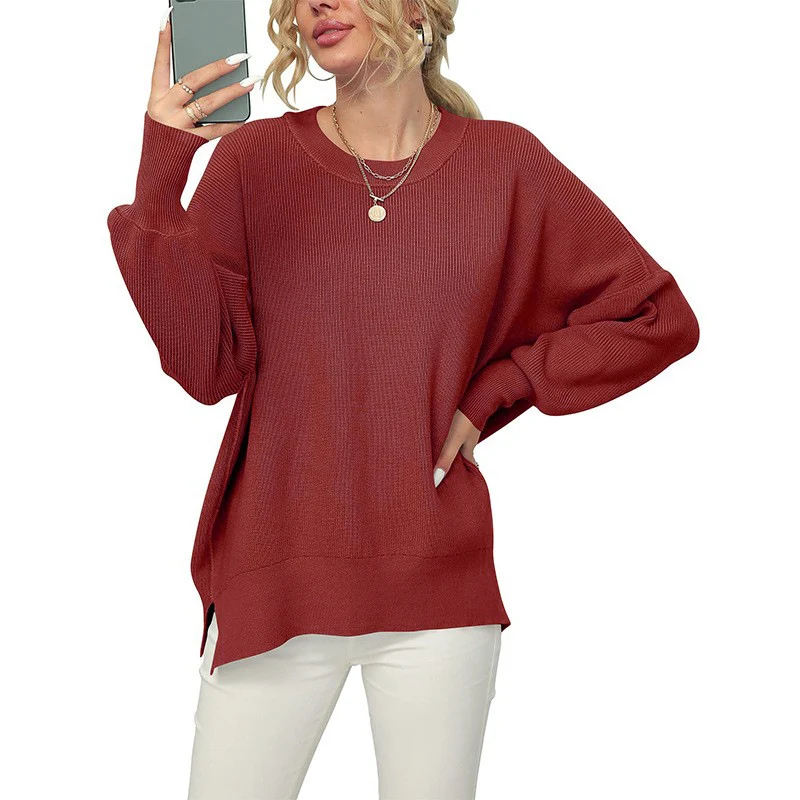 Damen Oversize-Feinstrickpullover mit Rundhalsausschnitt, überschnittener Schulter und Seitenschlitzen Nord Taschen
