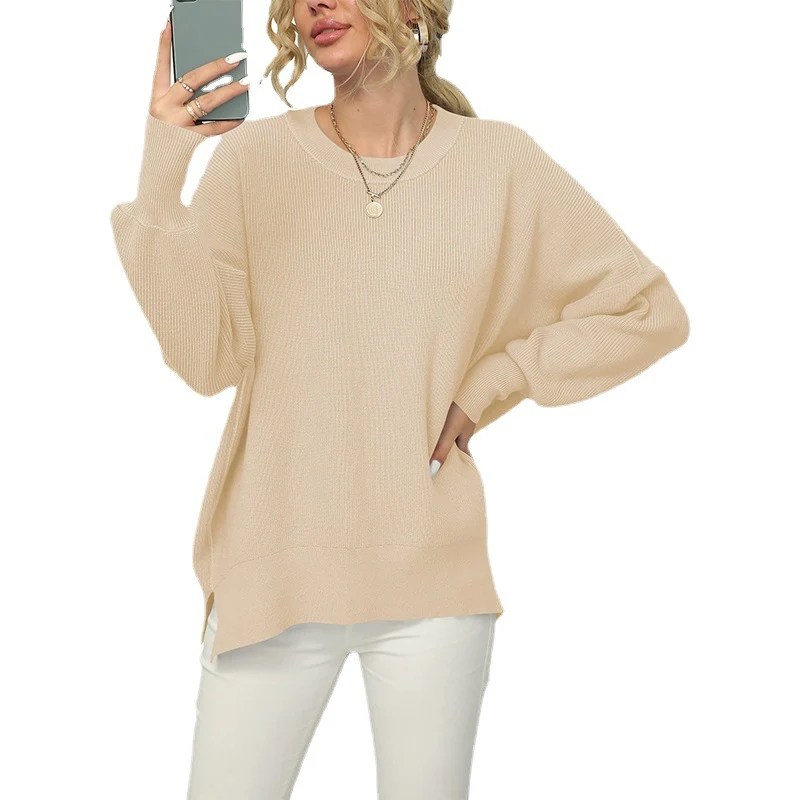 Damen Oversize-Feinstrickpullover mit Rundhalsausschnitt, überschnittener Schulter und Seitenschlitzen Nord Taschen