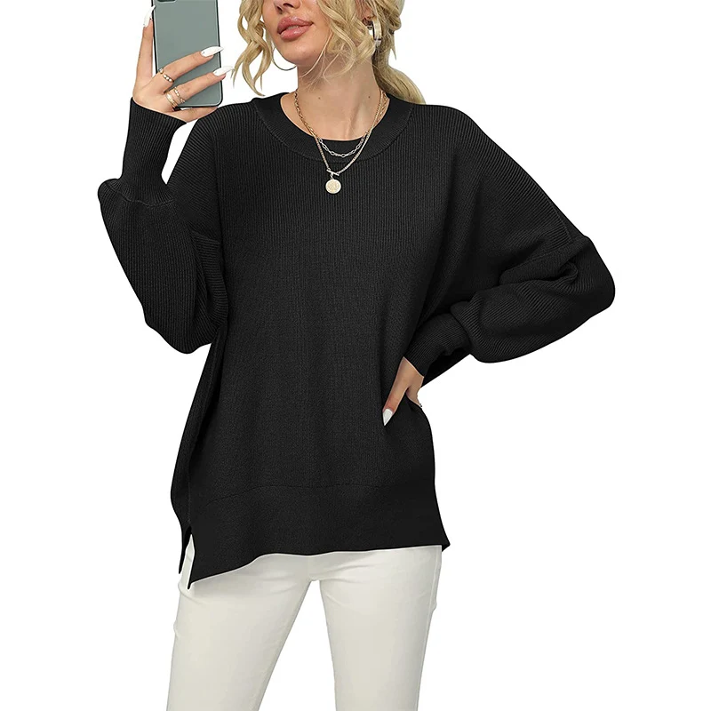 Damen Oversize-Feinstrickpullover mit Rundhalsausschnitt, überschnittener Schulter und Seitenschlitzen Nord Taschen
