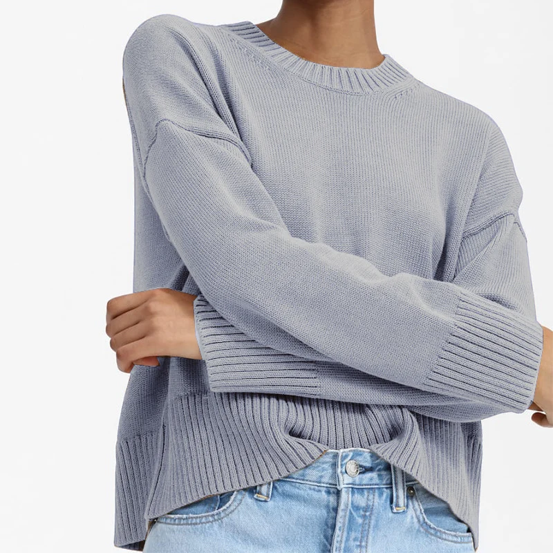 Damen Oversize-Feinstrickpullover mit Rundhalsausschnitt, überschnittener Schulter und breitem Rippsaum Nord Taschen