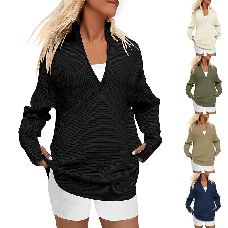 Damen Oversize-Feinstrickpullover mit halbem Reißverschluss, Stehkrragen und Daumenloch-Ärmeln Nord Taschen