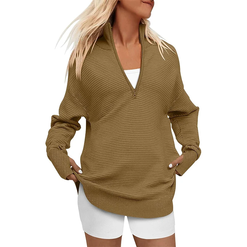 Damen Oversize-Feinstrickpullover mit halbem Reißverschluss, Stehkrragen und Daumenloch-Ärmeln Nord Taschen