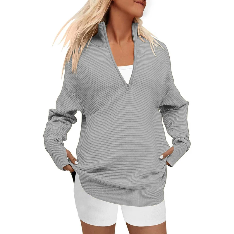 Damen Oversize-Feinstrickpullover mit halbem Reißverschluss, Stehkrragen und Daumenloch-Ärmeln Nord Taschen