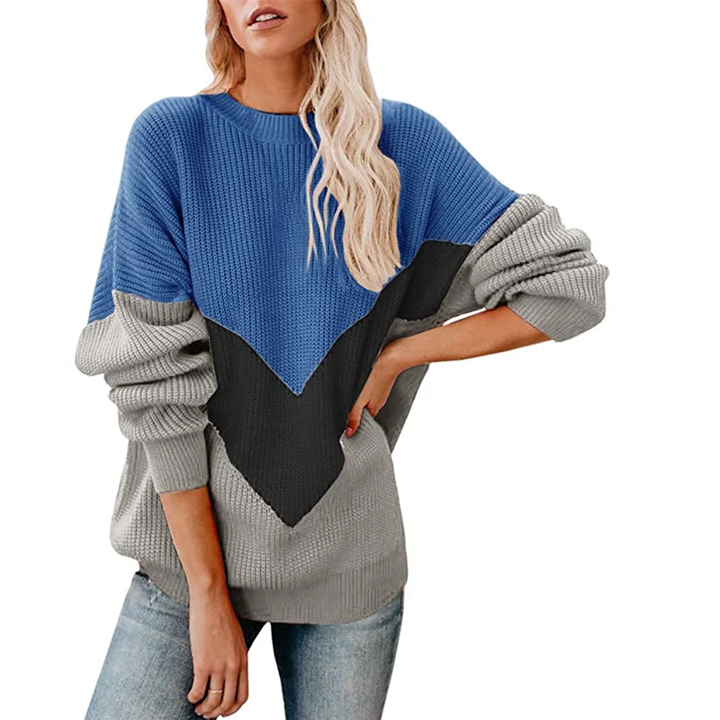 Damen Oversize-Colorblock-Pullover mit V‑Intarsie, Rippbündchen und Strukturstrick Nord Taschen