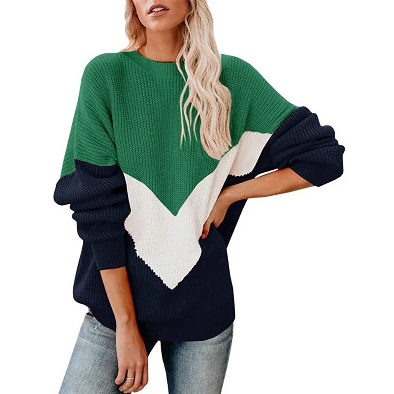 Damen Oversize-Colorblock-Pullover mit V‑Intarsie, Rippbündchen und Strukturstrick Nord Taschen