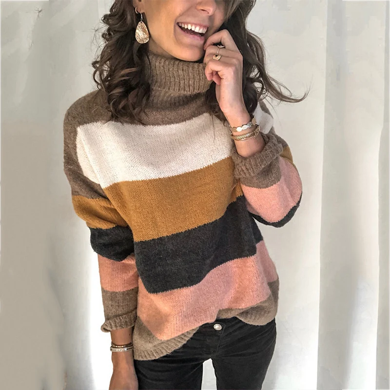 Damen Oversize-Blockstreifen-Rollkragenpullover aus fluffigem Strick Nord Taschen