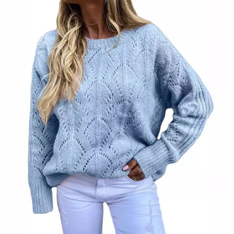 Damen Oversize Ajourstrick-Pullover mit Rundhalsausschnitt Nord Taschen