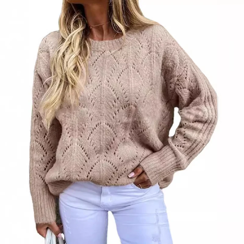 Damen Oversize Ajourstrick-Pullover mit Rundhalsausschnitt Nord Taschen