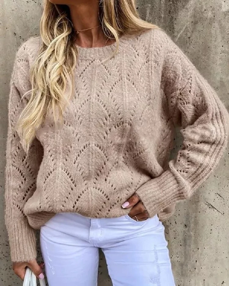 Damen Oversize Ajourstrick-Pullover mit Rundhalsausschnitt Nord Taschen