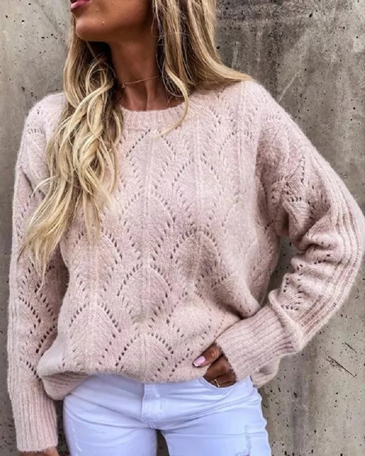 Damen Oversize Ajourstrick-Pullover mit Rundhalsausschnitt Nord Taschen
