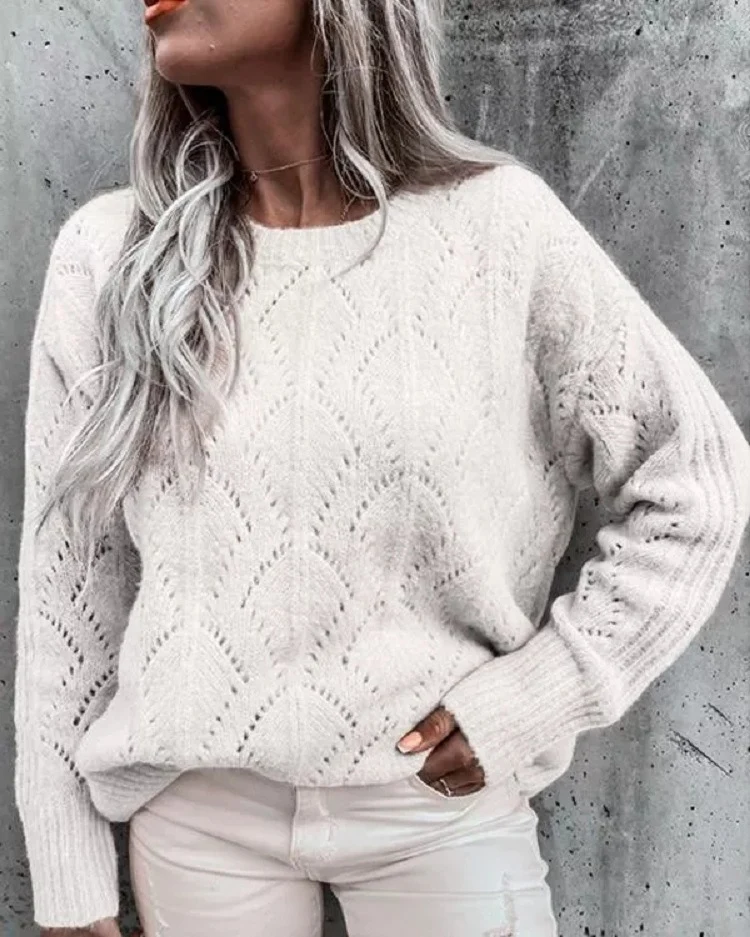 Damen Oversize Ajourstrick-Pullover mit Rundhalsausschnitt Nord Taschen