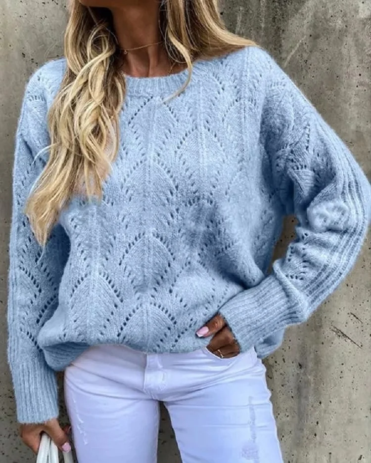 Damen Oversize Ajourstrick-Pullover mit Rundhalsausschnitt Nord Taschen