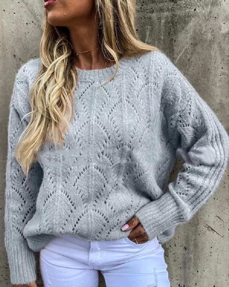 Damen Oversize Ajourstrick-Pullover mit Rundhalsausschnitt Nord Taschen