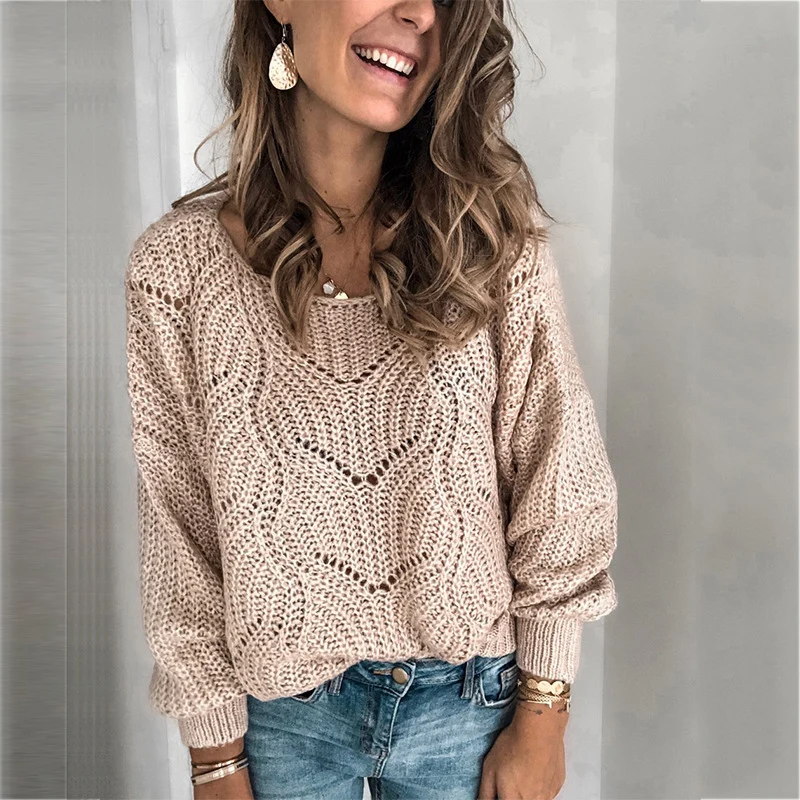 Damen Oversize Ajour-Grobstrickpullover mit U-Boot-Ausschnitt und Zopfmuster Nord Taschen