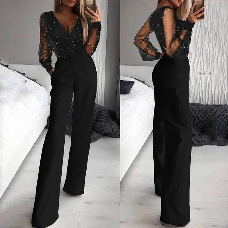 Damen Eleganter Jumpsuit mit transparenten Ärmeln und funkelnden Details - Vittorelli