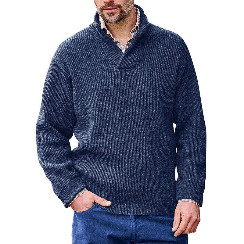Herren Rippenstrick-Pullover mit Schalkragen und kurzem V-Ausschnitt Nord Taschen