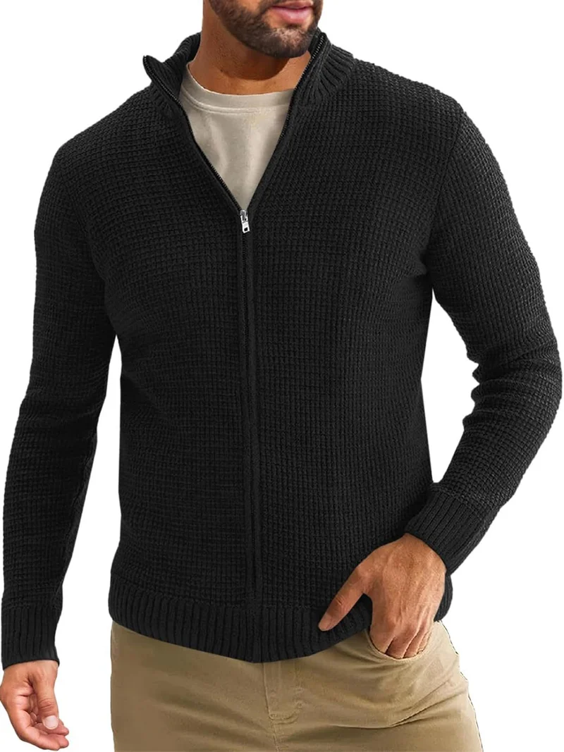 Herren Reißverschluss-Strickjacke mit Waffelstruktur und Stehkragen Nord Taschen