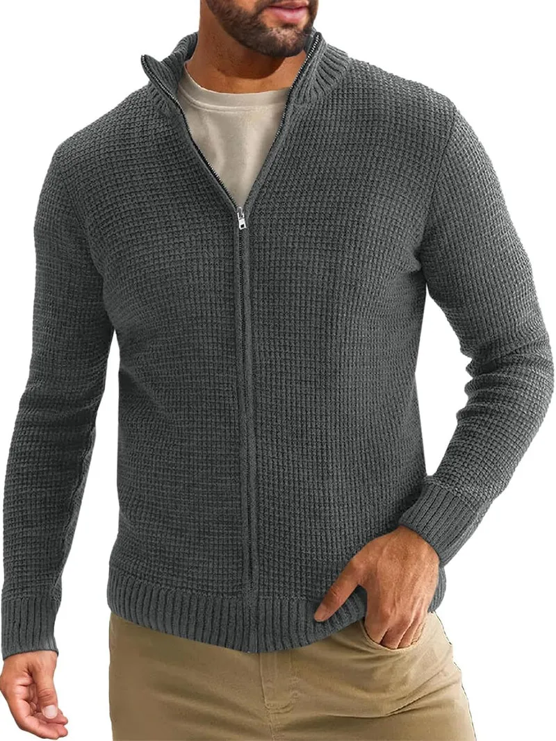 Herren Reißverschluss-Strickjacke mit Waffelstruktur und Stehkragen Nord Taschen