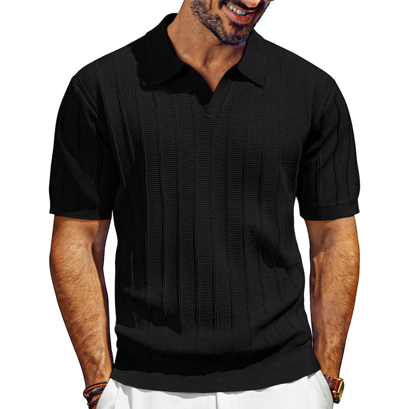Herren leichtes Kurzarm Strick-Poloshirt mit strukturiertem Rippmuster Nord Taschen