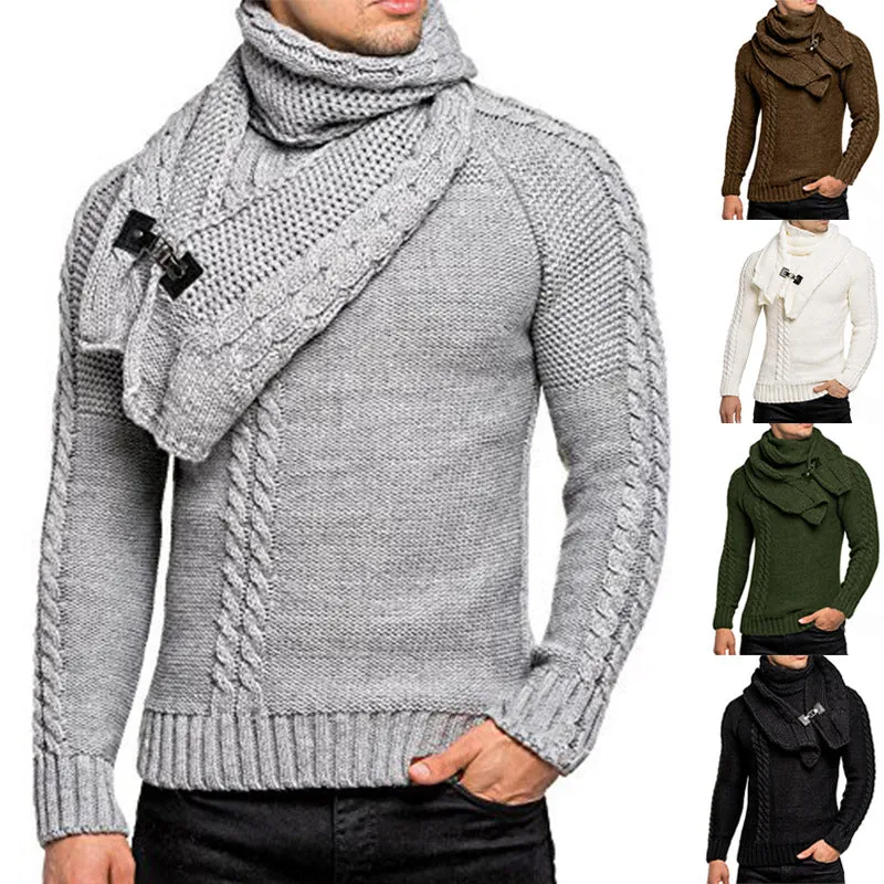 Herren Grobstrick-Pullover mit integriertem Wickelkragen und Schnallen-Schal Nord Taschen