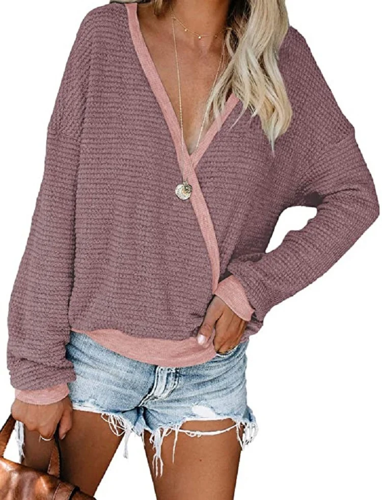 Damen Lockerer Waffelstrick-Pullover mit tiefem V-Ausschnitt und Lagen‑Look Nord Taschen