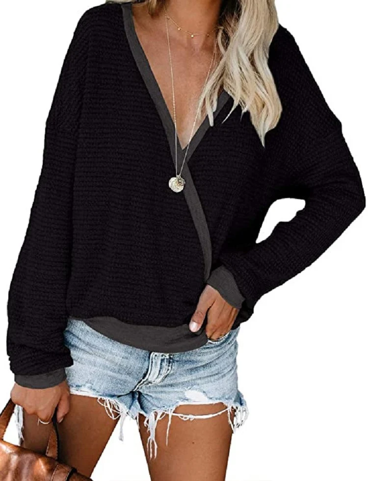 Damen Lockerer Waffelstrick-Pullover mit tiefem V-Ausschnitt und Lagen‑Look Nord Taschen