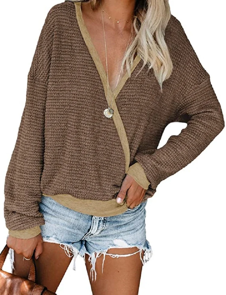 Damen Lockerer Waffelstrick-Pullover mit tiefem V-Ausschnitt und Lagen‑Look Nord Taschen