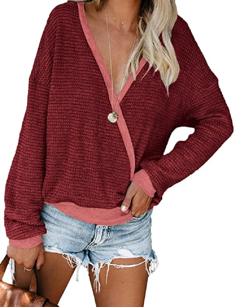 Damen Lockerer Waffelstrick-Pullover mit tiefem V-Ausschnitt und Lagen‑Look Nord Taschen