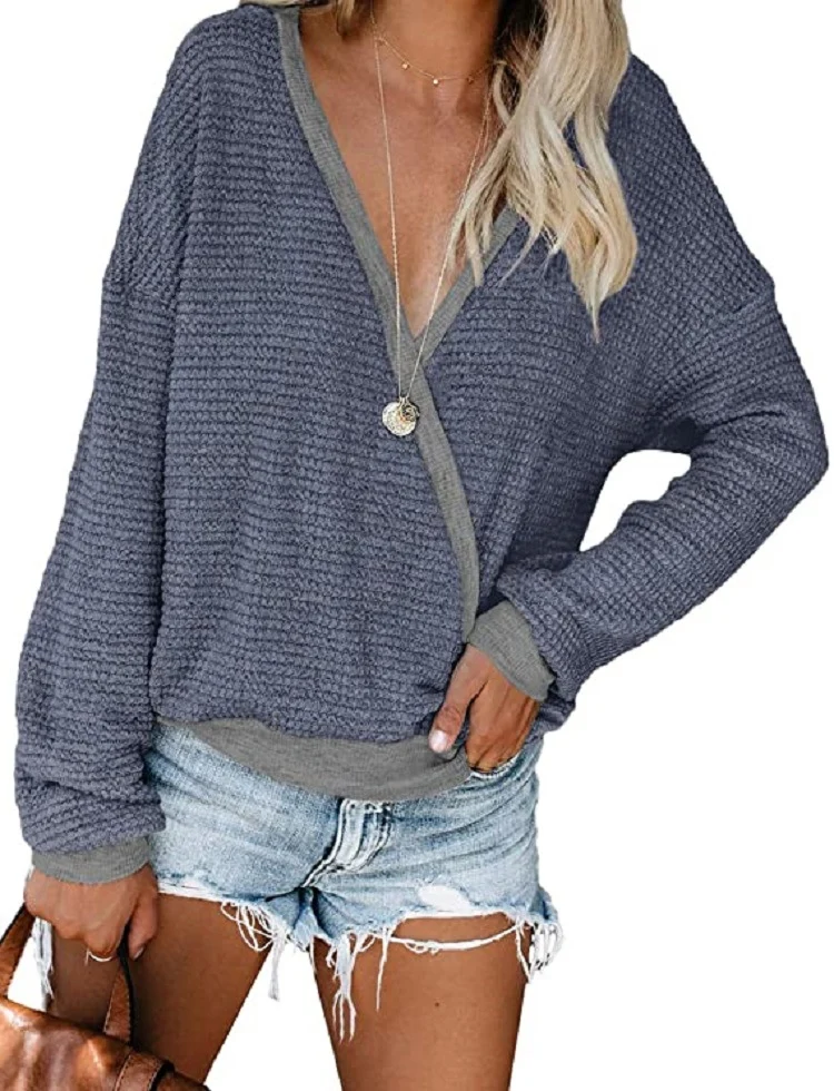 Damen Lockerer Waffelstrick-Pullover mit tiefem V-Ausschnitt und Lagen‑Look Nord Taschen