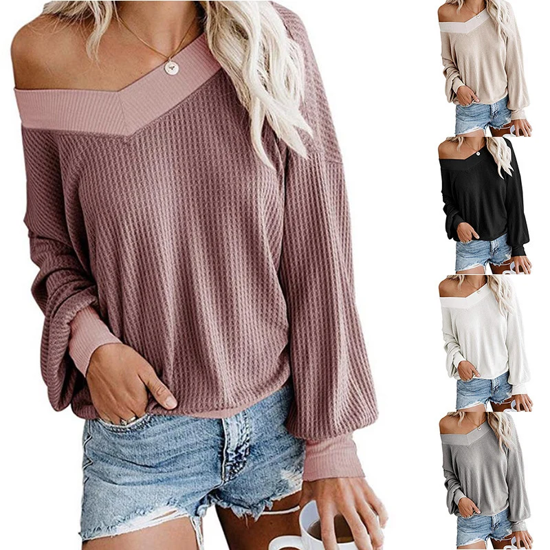 Damen Lockerer Waffelstrick-Pullover mit asymmetrischem Carmen-Ausschnitt und Ballonärmeln Nord Taschen