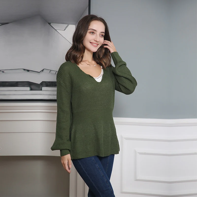 Damen Lockerer Feinstrick-Pullover mit V-Notch-Ausschnitt, Tailliertem Rippbund und Ballonärmeln Nord Taschen
